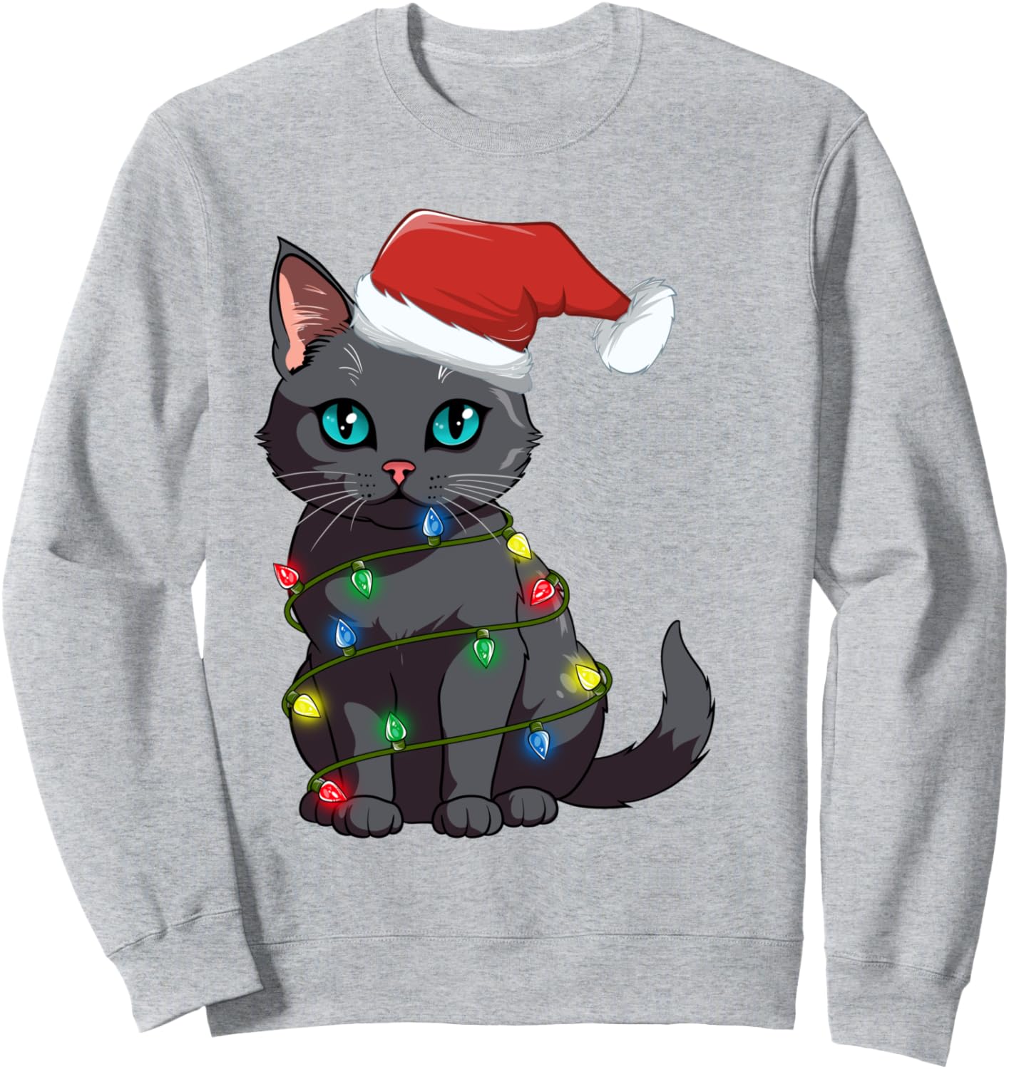 

Рождественская толстовка с изображением кота и гирлянд для мам, пап и девочек Funny Cat Christmas Lights, серый