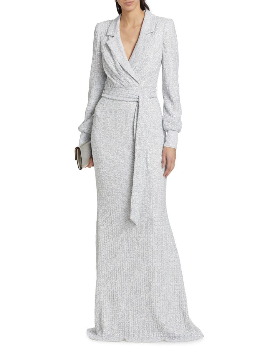 

Платье с длинными рукавами и поясом, расшитое пайетками Badgley Mischka, белый