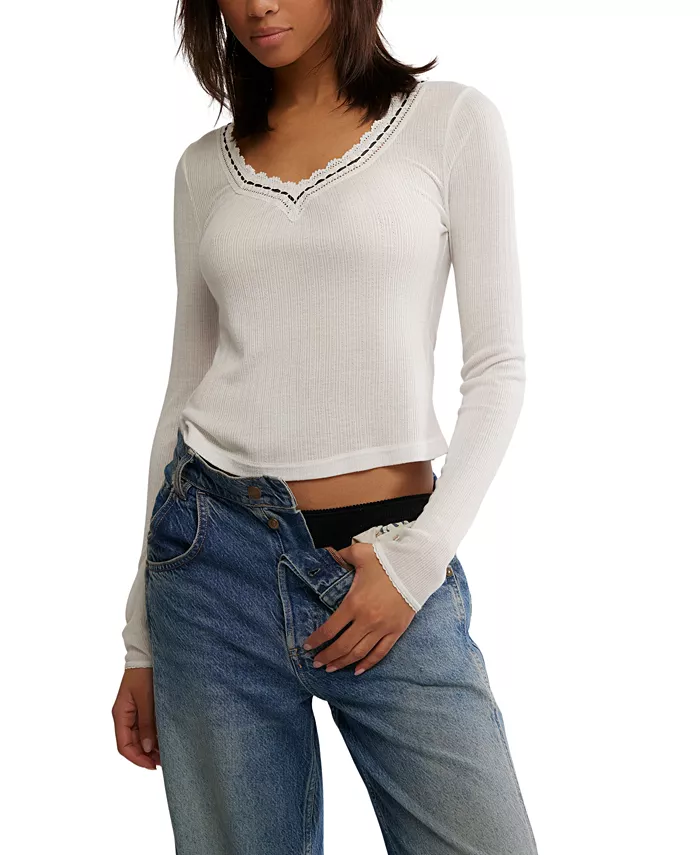

Женский топ с длинными рукавами и кружевной отделкой Free People, белый