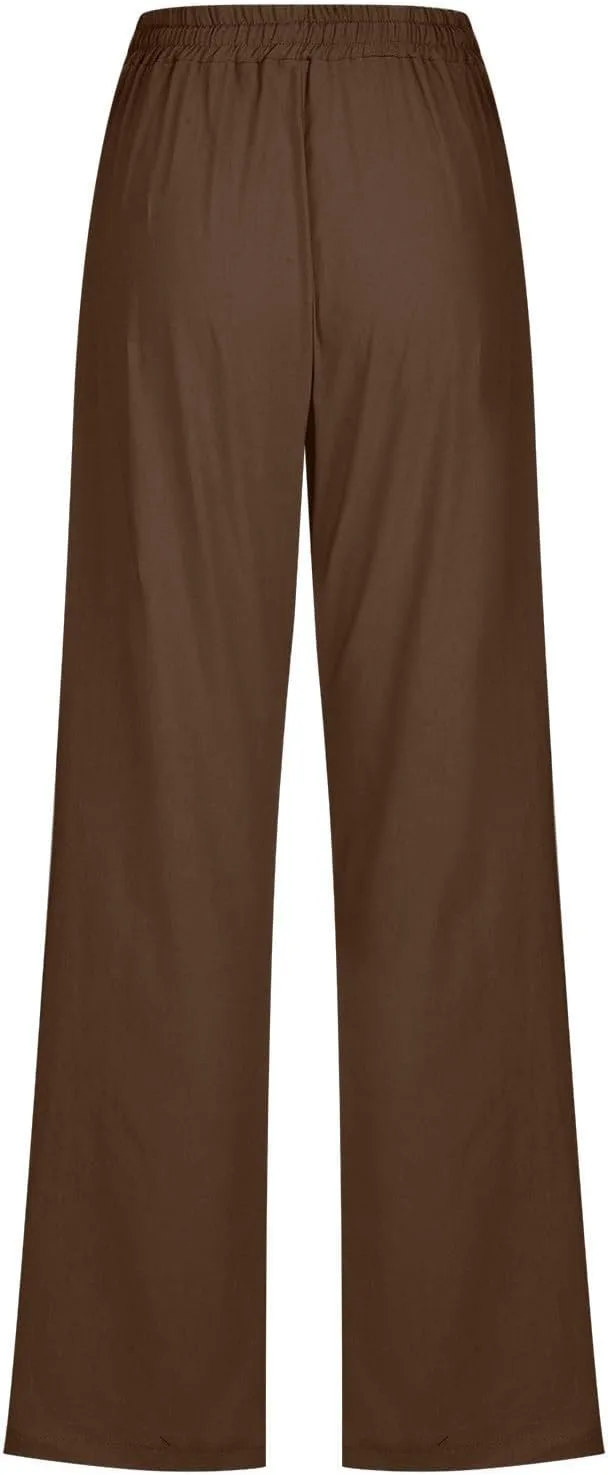 Хлопковые льняные брюки для женщин 2025 Capri Pant Plus Size Wide Leg летние укороченные с эластичным поясом и шнурком — фото 4