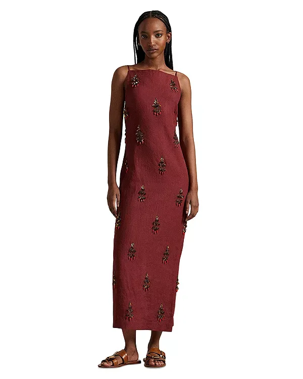 Льняное платье, расшитое бисером Ralph Lauren, Red