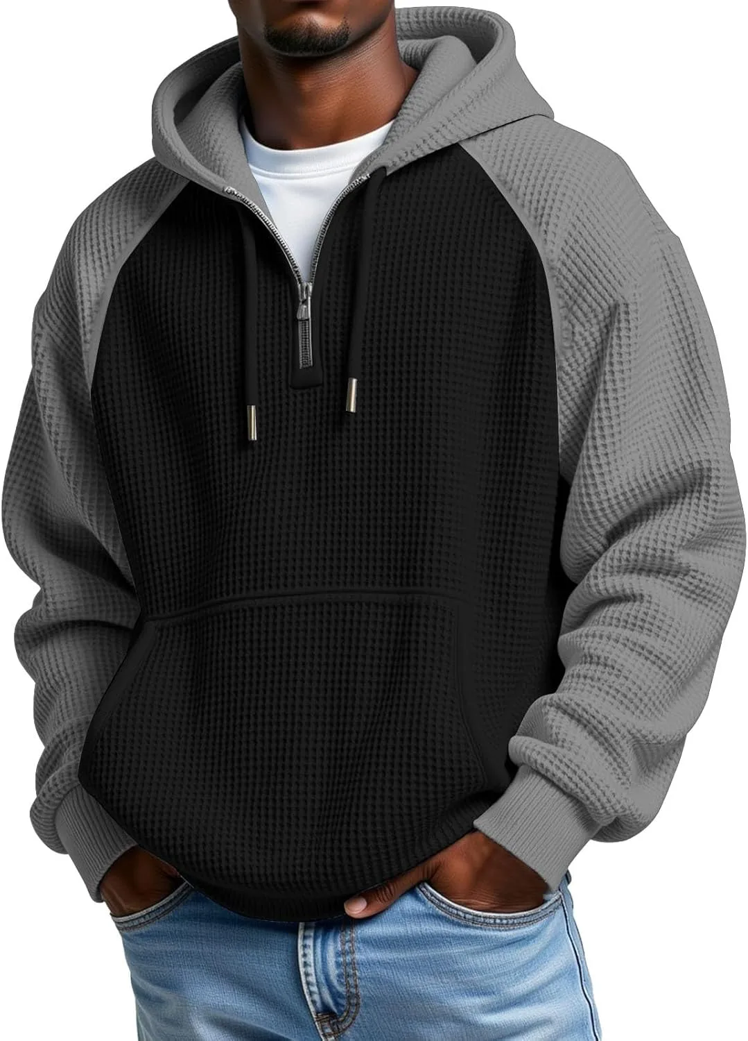 

Мужская толстовка с капюшоном и молнией на четверть, длинный рукав, Casual, Waffle Knit, Plus Size