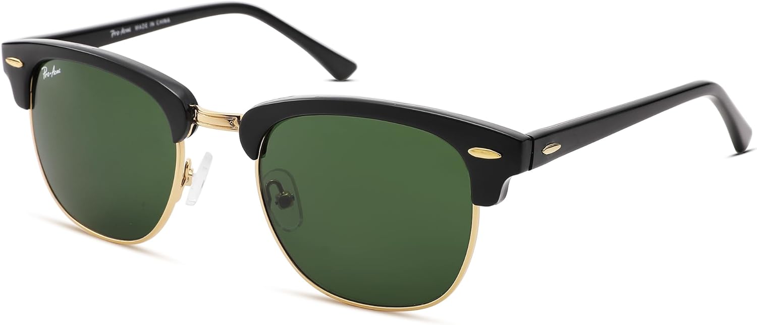 

Солнцезащитные очки Pro Acme UV400 полуободковые квадратной формы для мужчин и женщин - 100% настоящие стеклянные линзы, антибликовое покрытие для вождения, A05 Black Gold Frame/G15 Lens