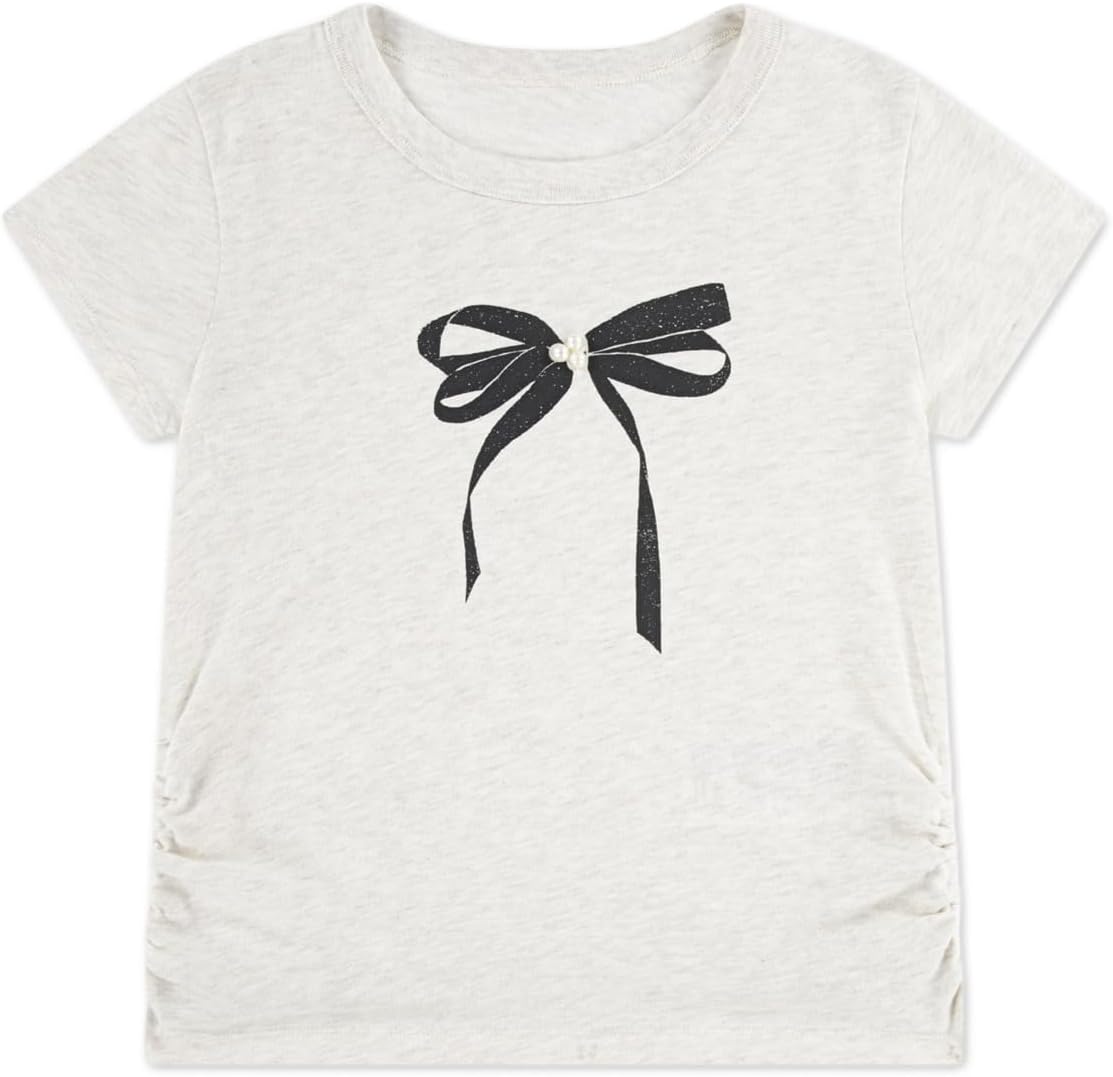

Футболка с рюшами и жемчужным бантом abercrombie kids, ANF Oatmeal Heather
