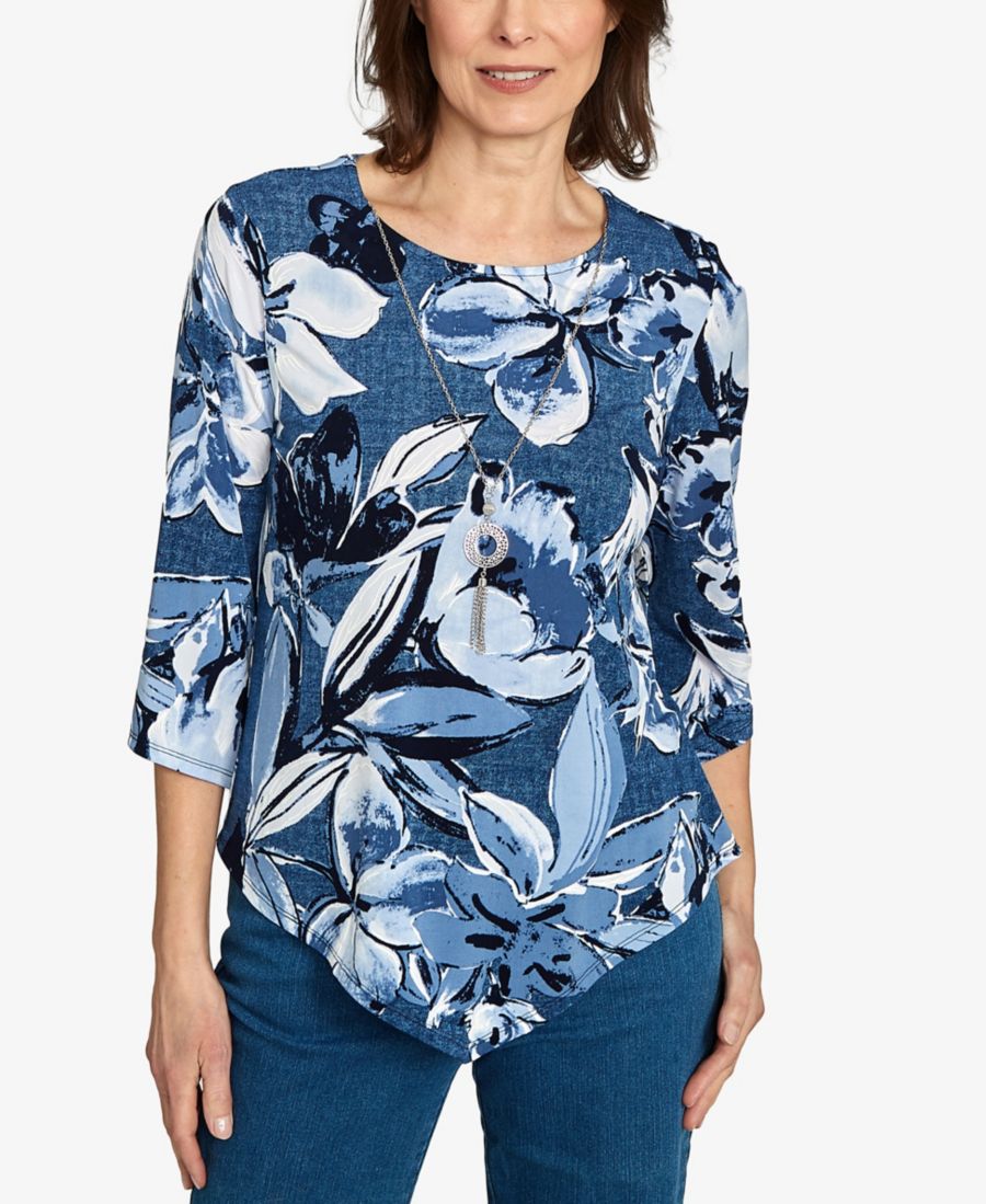 

Классический женский джинсовый топ с пышным принтом и цветочным узором Alfred Dunner, Denim