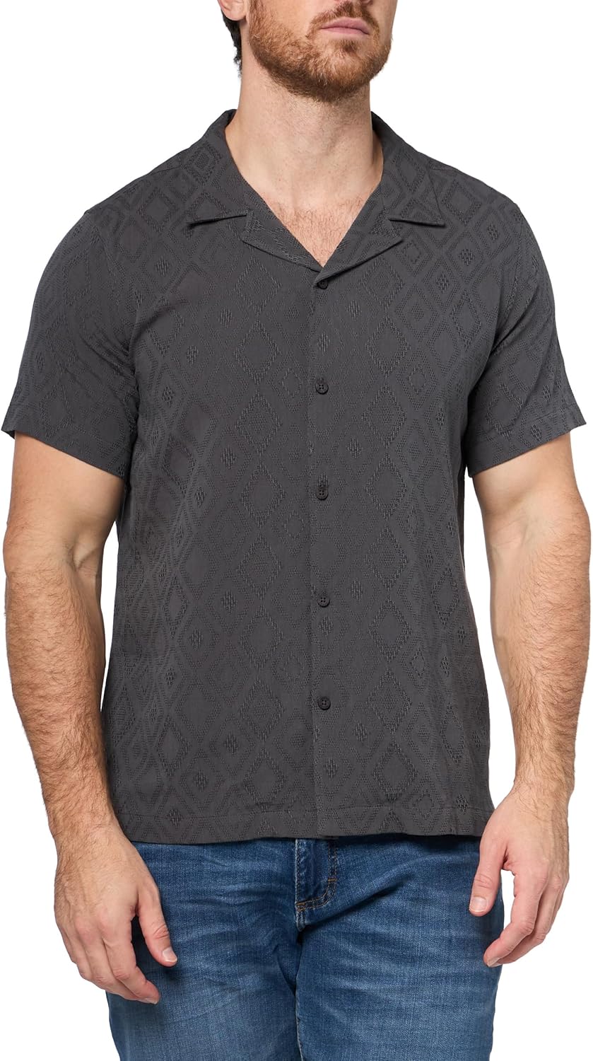 

GUESS Мужская экологичная короткая рубашка с коротким рукавом в технике Diamond Jacquard, New Asphalt