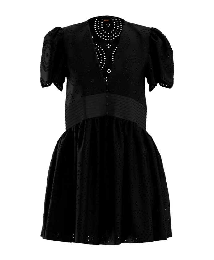 

Черное кружевное платье из хлопка с плиссировкой. Hugo, черный