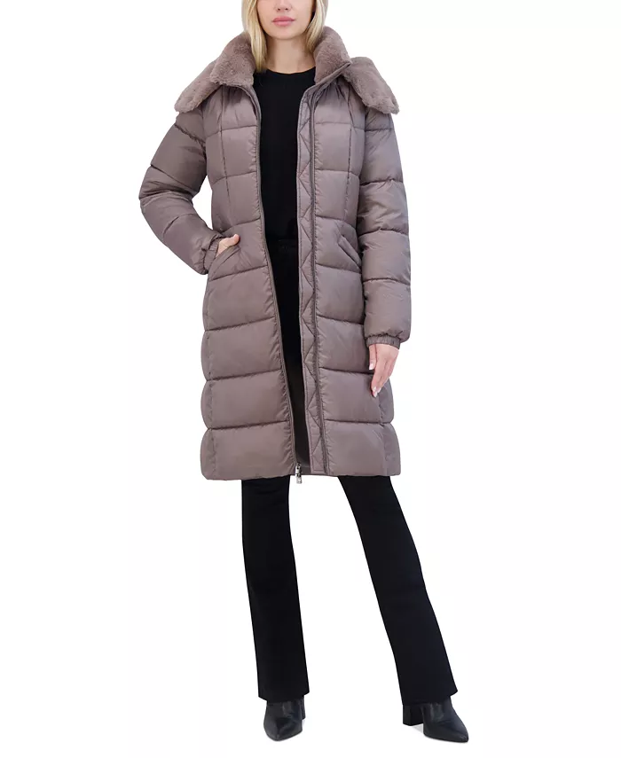 

Женское блестящее стеганое пальто с капюшоном и отделкой из искусственного меха Tahari, серебряный