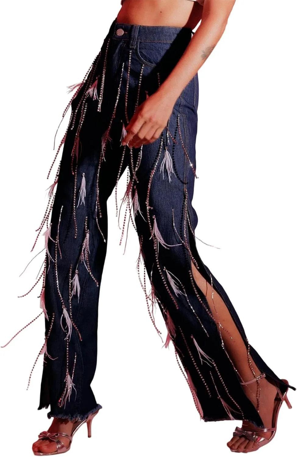 

Женские джинсы с пайетками и бахромой High Waist Straight Leg Quzzion
