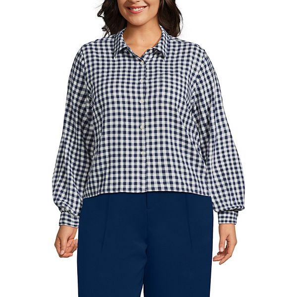 

Фланелевая рубашка кроп плюс сайз Lands' End, Sea Ivory Mini Check