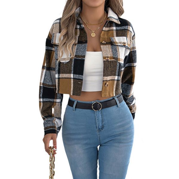 

Женская клетчатая куртка-рубашка с лацканами и длинными рукавами Yesfashion, Khaki Plaid