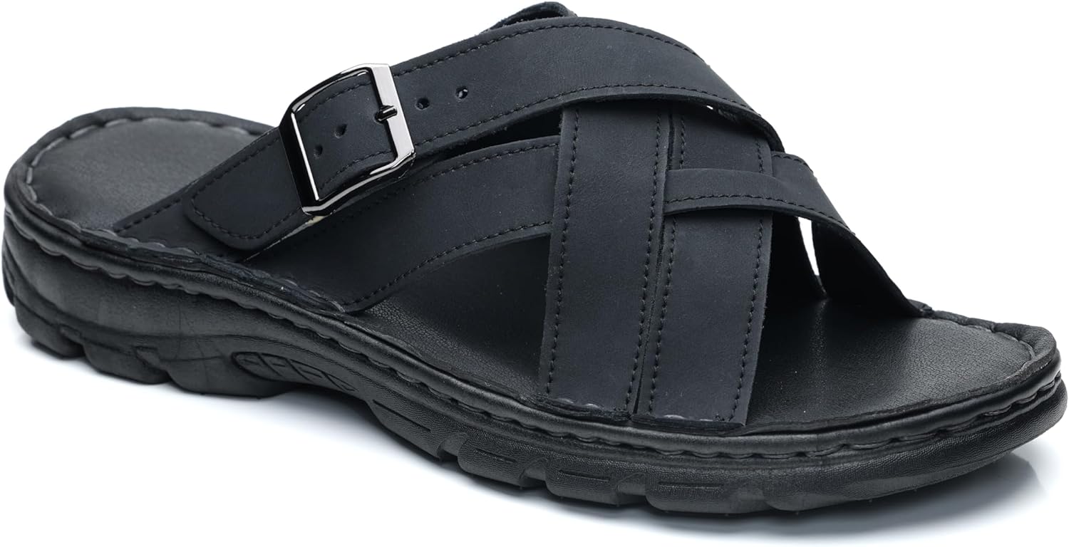 

Мужские кожаные шлепанцы MGGMOKAY, летние кожаные тапочки, противоскользящие, удобные сандалии с регулируемым ремешком, черный