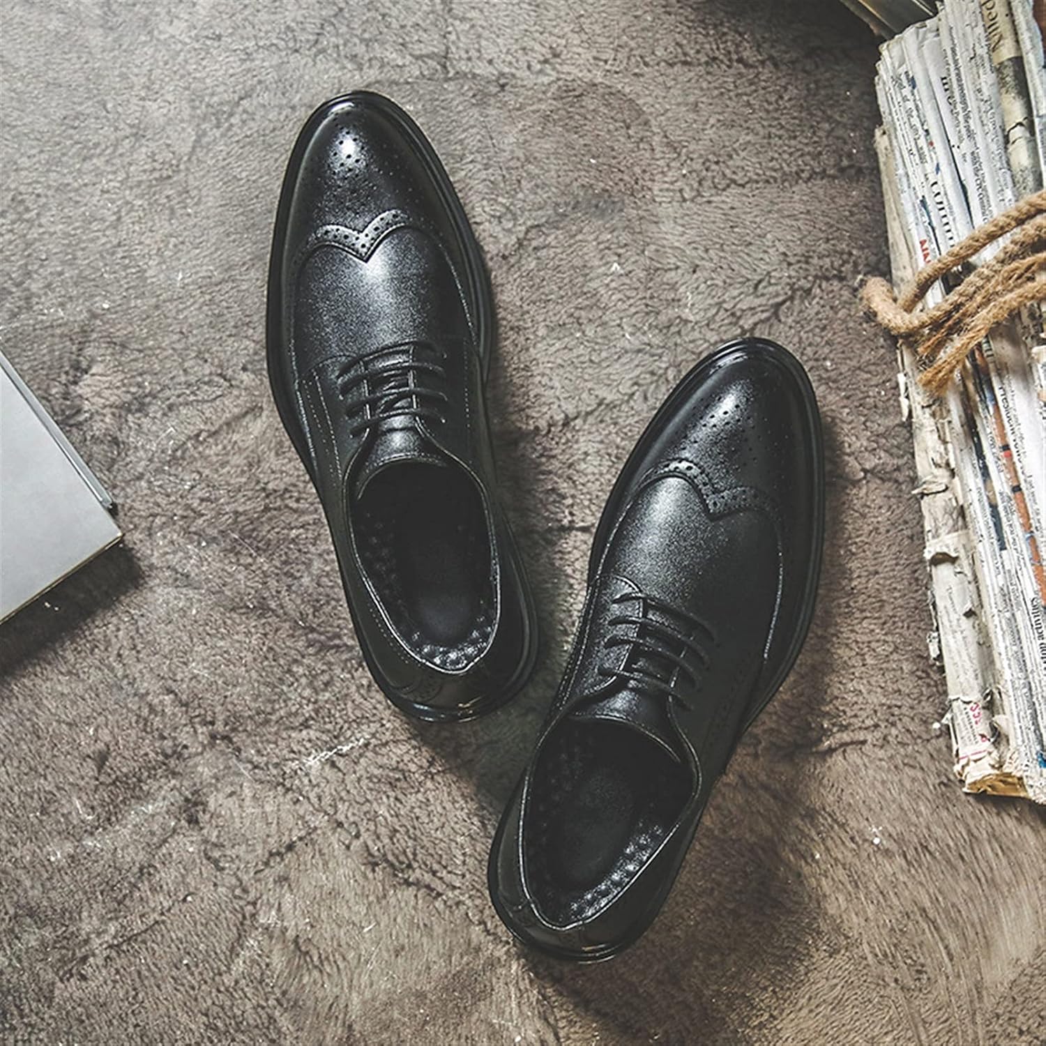 Мужские туфли EVSER Dress Oxford с шнуровкой Derby, броги с тиснением, с крылышком, закругленный блестящий носок, противоскользящая резиновая подошва, низкий профиль (Цвет: коричневый, Размер: 8.5) — фото 3