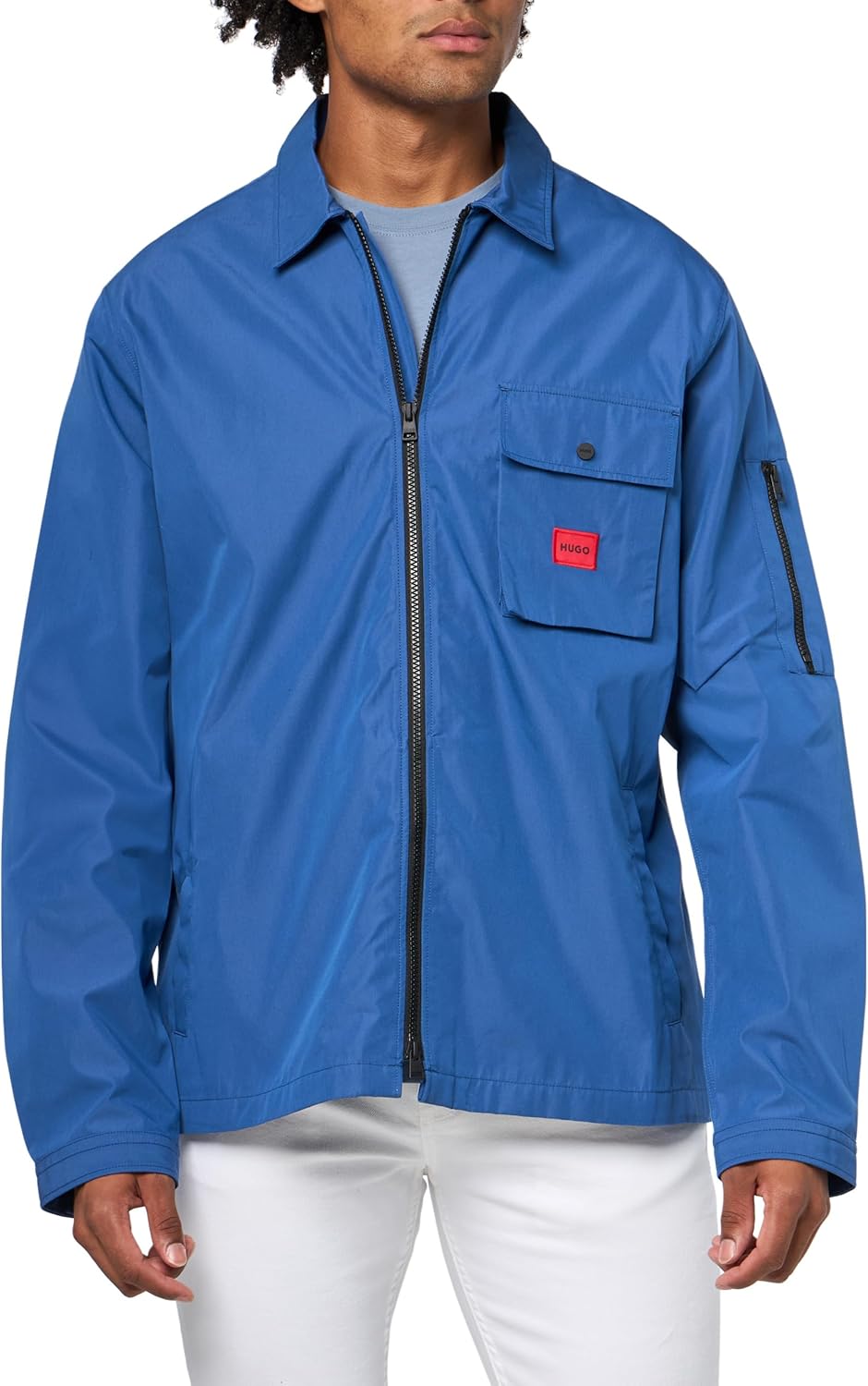 

HUGO мужская хлопковая смесовая куртка-рубашка на молнии, Skyline Blue