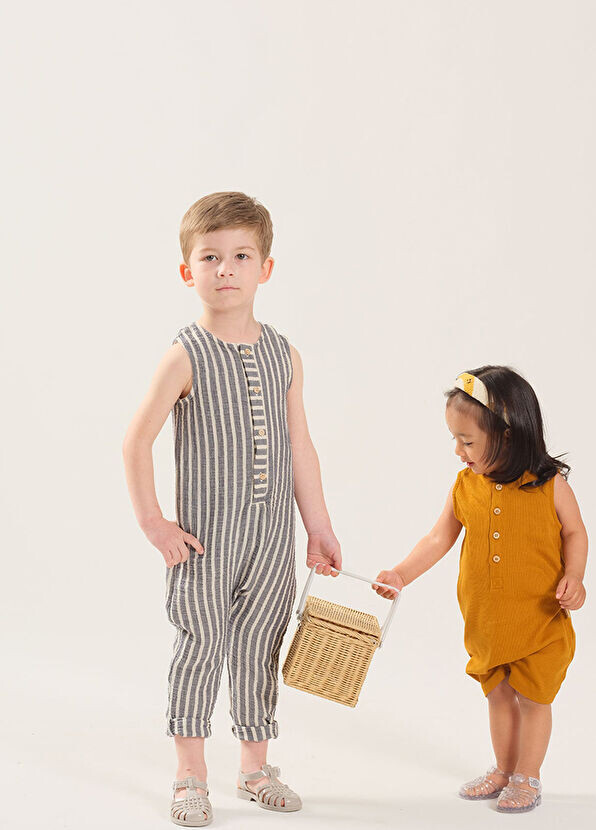 Полосатый муслиновый комбинезон Miela Kids, синий — фото 4