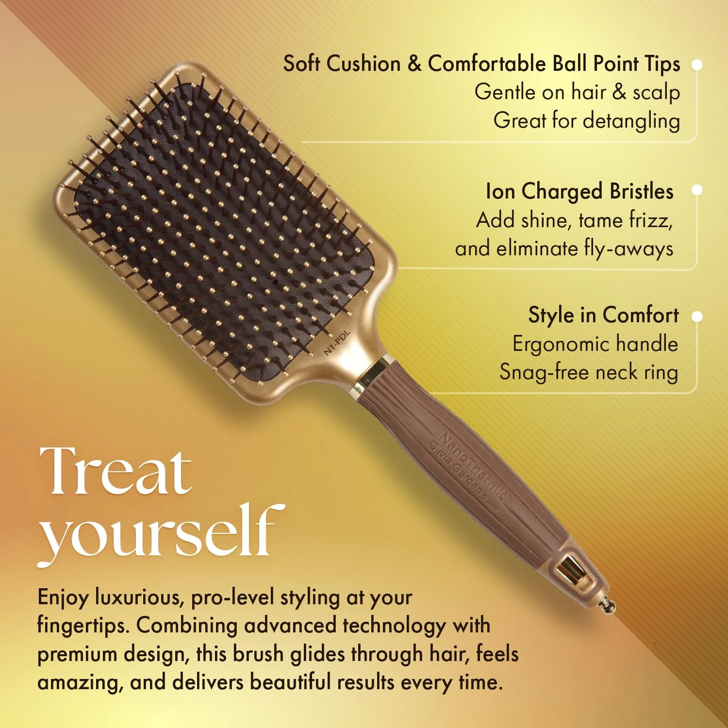 Расческа-стайлер Olivia Garden Ceramic + Ion Nano Thermic Hair Brush Паддл-щетка, Chocolate and Gold — фото 3
