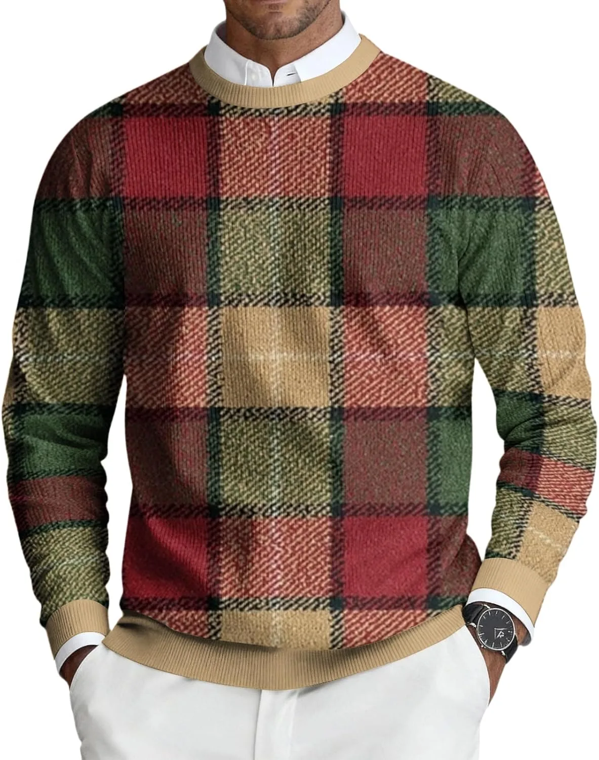 

Мужской рождественский свитер Ymosrh с длинными рукавами и принтом в клетку и снежинками, S-4XL