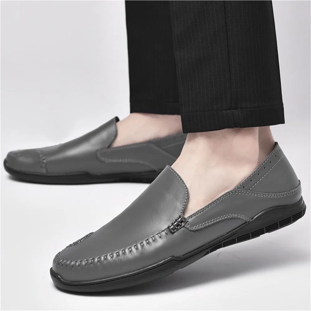 Лоферы кожаные Mens Leather Loafers Slip On Block Heel Round Toe Fashion Casual Prom Shoes Non Slip Rubber Sole, серый UOPYNE — фото 3