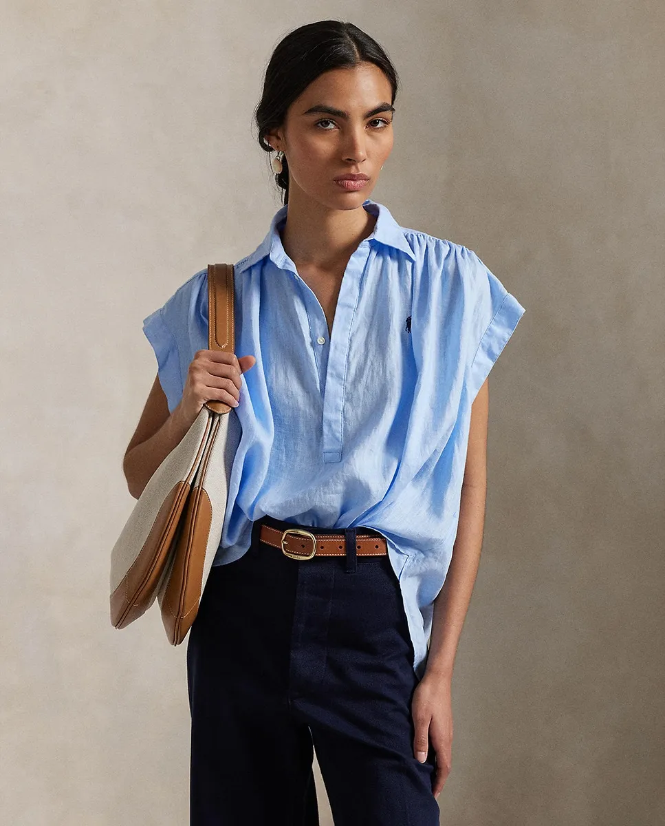 

Женская льняная блузка с коротким рукавом Polo Ralph Lauren, голубой