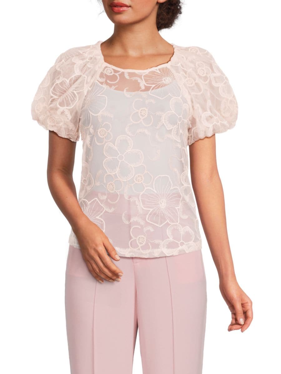 

Топ с вышитыми сетчатыми рукавами-буфами Laundry by Shelli Segal, цвет Baby Pink