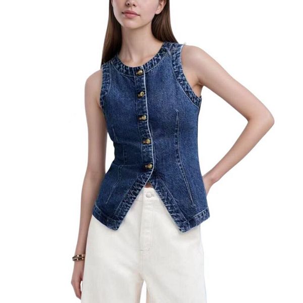 

Женский джинсовый жилет с круглым вырезом без рукавов Clearflower, Dark Blue