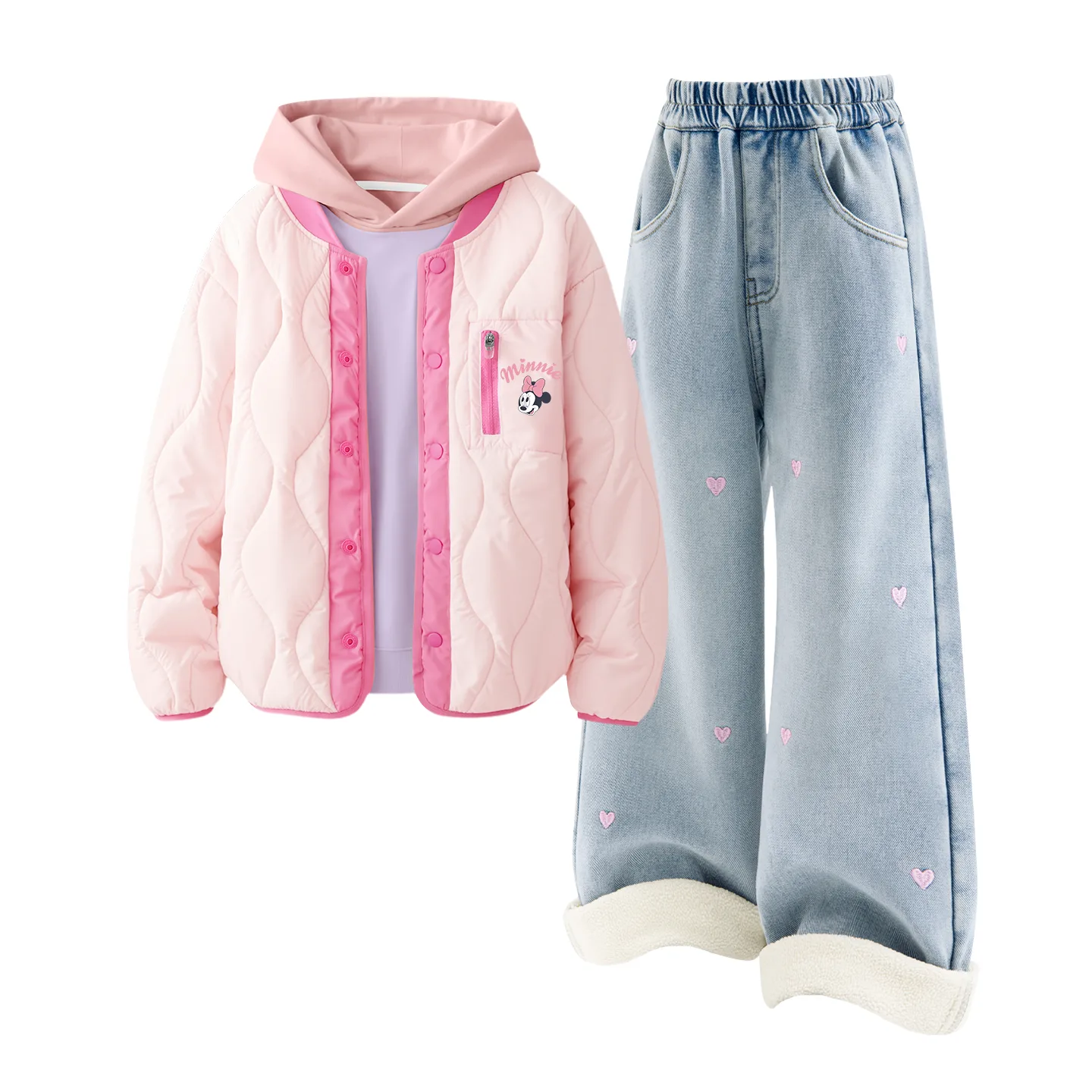 Детская повседневная худи для спорта Disney, [Thickened and Fleece-Lined Three-Piece Set]Silicone Eye-Lifting K Firework Pink+Solid Color Light Blue Denim+Solid Color Pink Purple