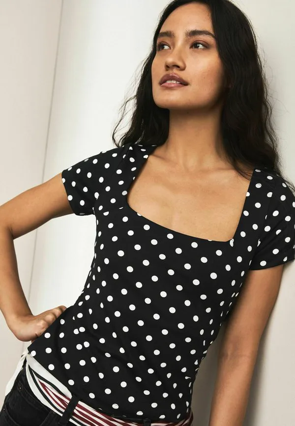Футболка с коротким рукавом и квадратным вырезом и принтом Next, Black Ecru Polka Dot