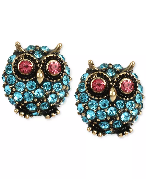 

Серьги-Гвоздики в виде совы с синим паве золотистого оттенка Betsey Johnson, blue