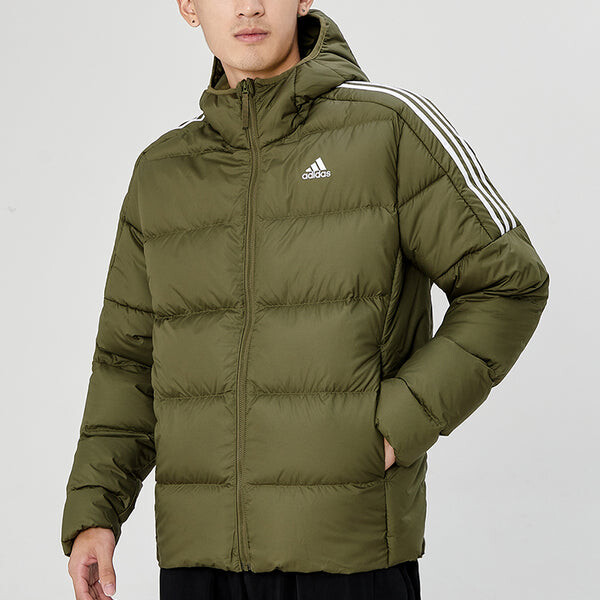 Пуховик Men's adidas Ess Mid D H Jkt Stay Warm Sports Hooded Down Jacket Olive, зеленый — фото 3