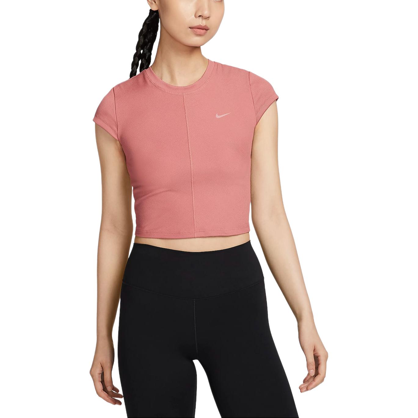 Nike Dri-Fit One женская облегающая ребристая футболка с коротким рукавом 'Stone Pink/White' — фото 3
