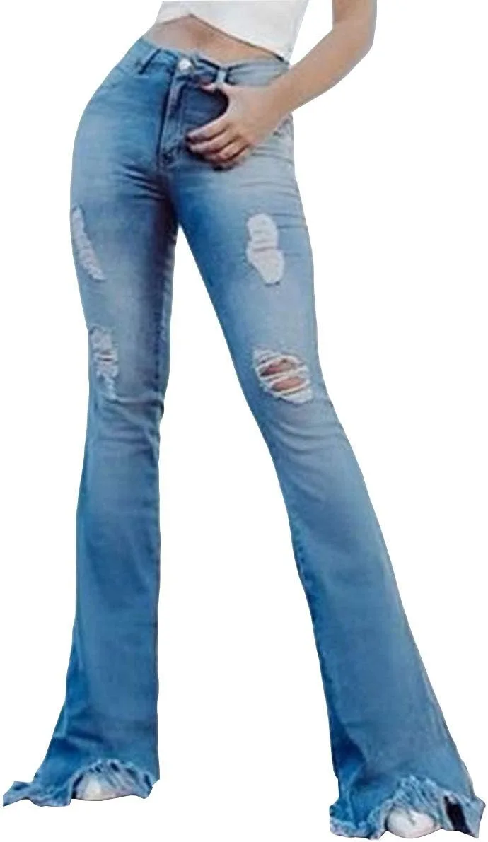 

Женские джинсы с потертостями и расклешенным силуэтом LDNINE