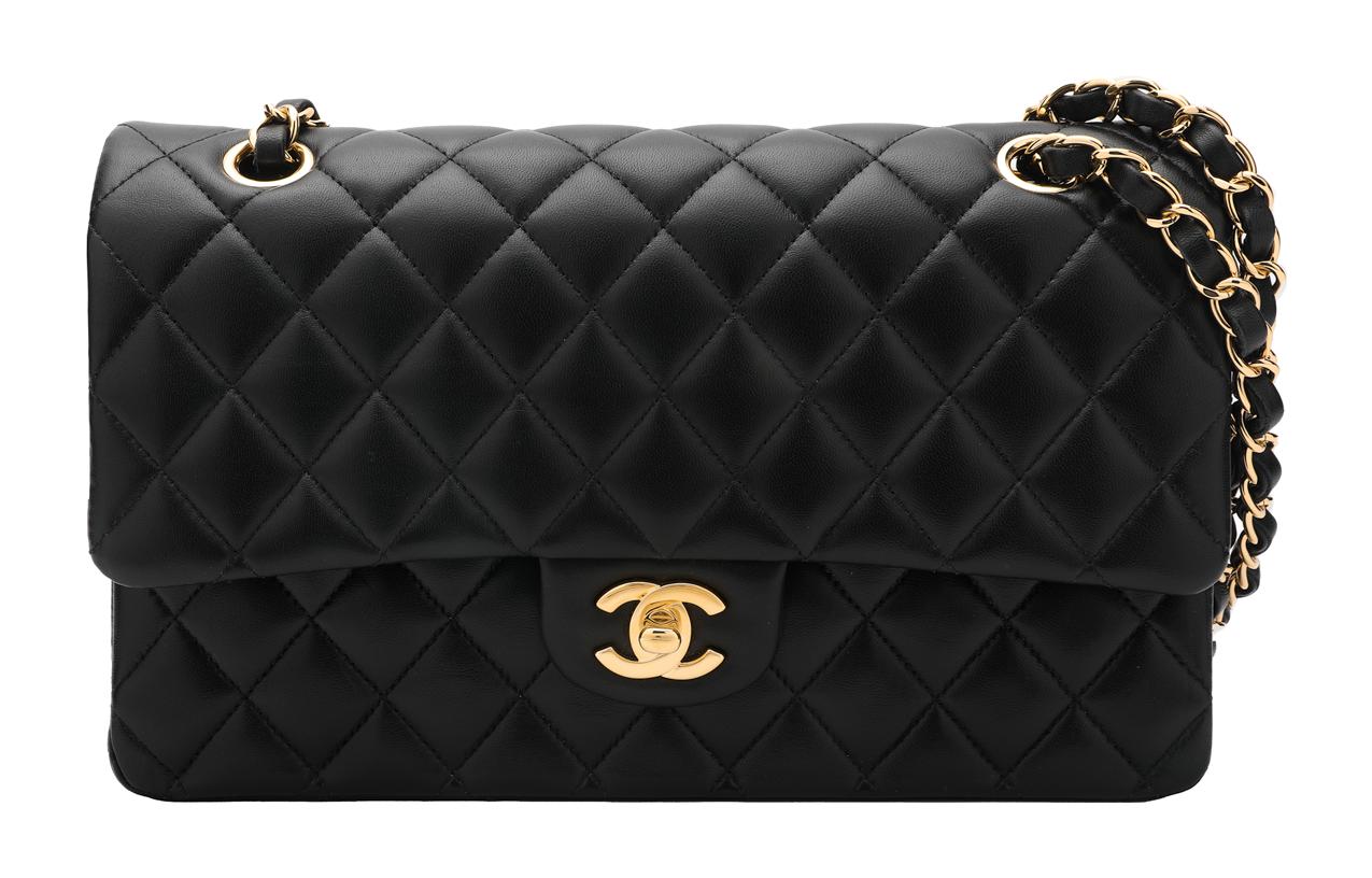 

CHANEL Классическая сумка-клапан из CF кожи ягненка и золотистого металла, сумка через плечо, женская, черная