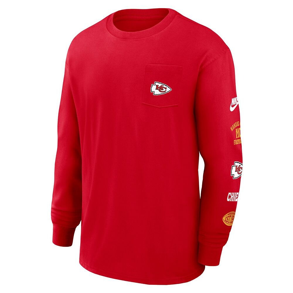 Мужская красная футболка с длинными рукавами и карманами Nike Kansas City Chiefs Rewind Heavy Max 90, цвет Chf Red — фото 3