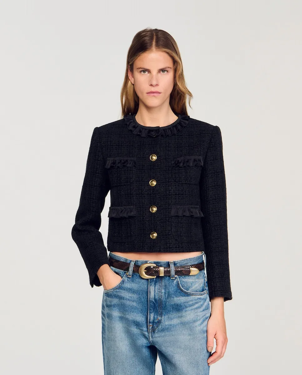 

Женская твидовая куртка с рюшами Sandro, черный