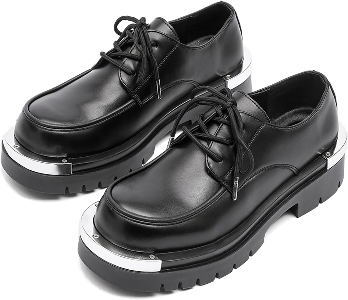 

Мужские кожаные дерби с металлическим круглым носком на платформе, с застежкой на шнуровку, модные туфли с массивным каблуком и рифленой подошвой, нескользящие оксфорды для вечеринок и свадеб Uzujbaa, черный