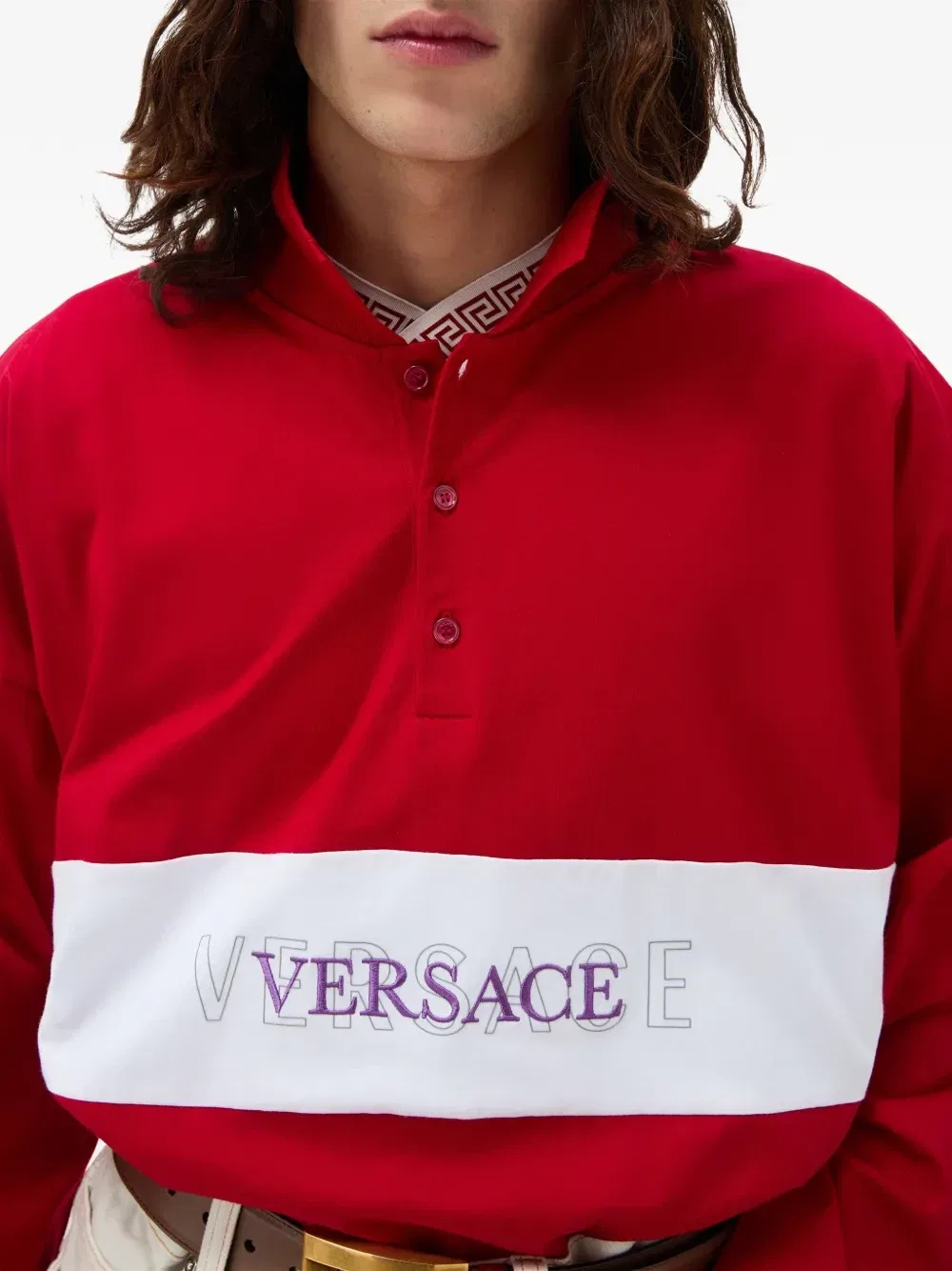Футболка-поло из хлопкового джерси с вышитым логотипом и интарсией Versace, красный — фото 4