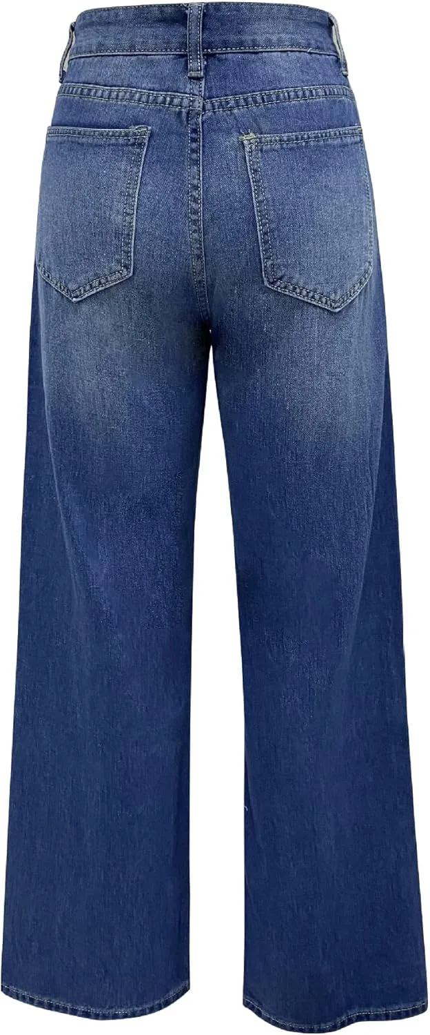 Женские рваные джинсы loose washed wide leg deep blue — фото 2