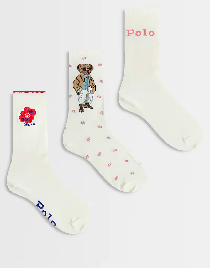 Набор из 3 пар носков Polo Ralph Lauren с изображением медведя в подарочной коробке, кремовый