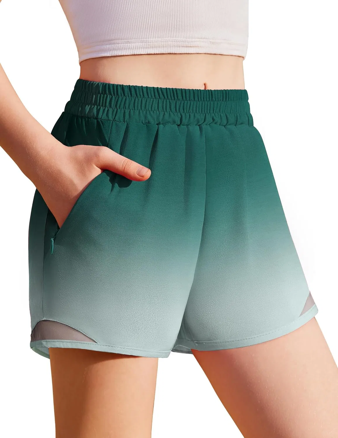 Детские шорты для бега с карманами на молнии, Zaclotre, Gradient Green