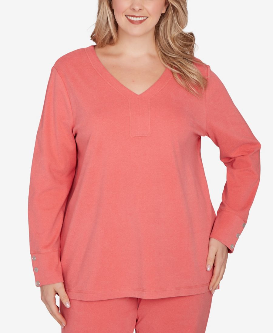 

Вязаный топ большого размера в рубчик с V-образным вырезом и застежкой на пуговицы Ruby Rd, Bright Coral