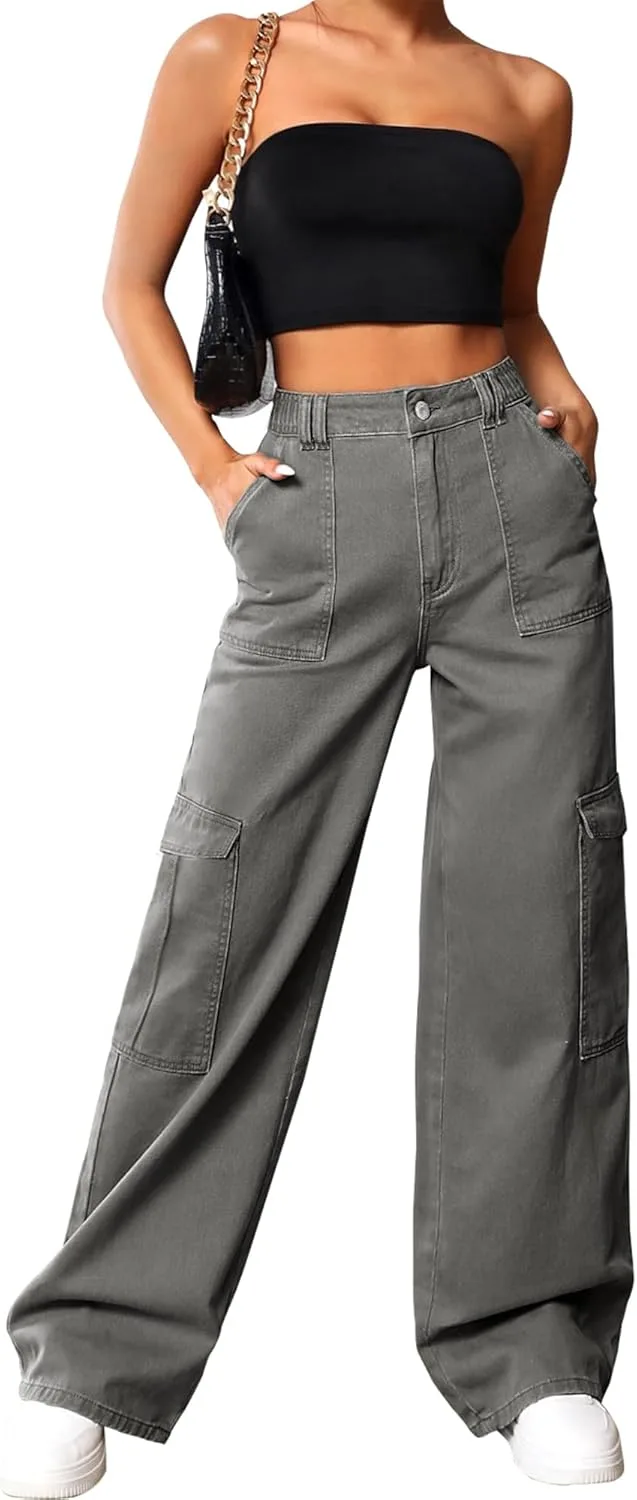 

Женские карго штаны high waist baggy cargo jeans relaxed fit y2k streetwear Flvsun