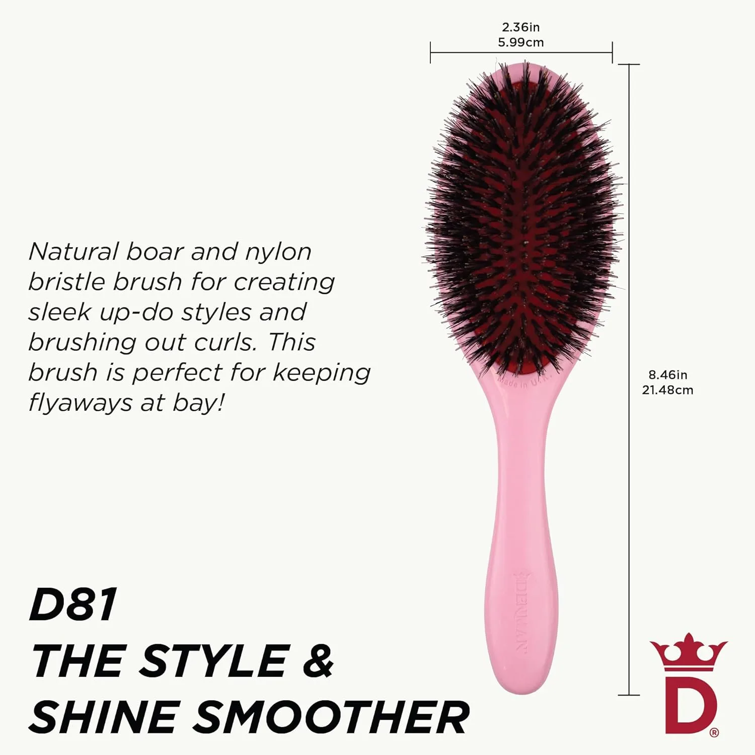 Denman Boar Bristle Hair Brush - щетка для волос с натуральной щетиной для сглаживания, блеска и укладки slick back, определения локонов и распутывания, для всех типов волос, женщин и мужчин D81M, Pink Crush — фото 2