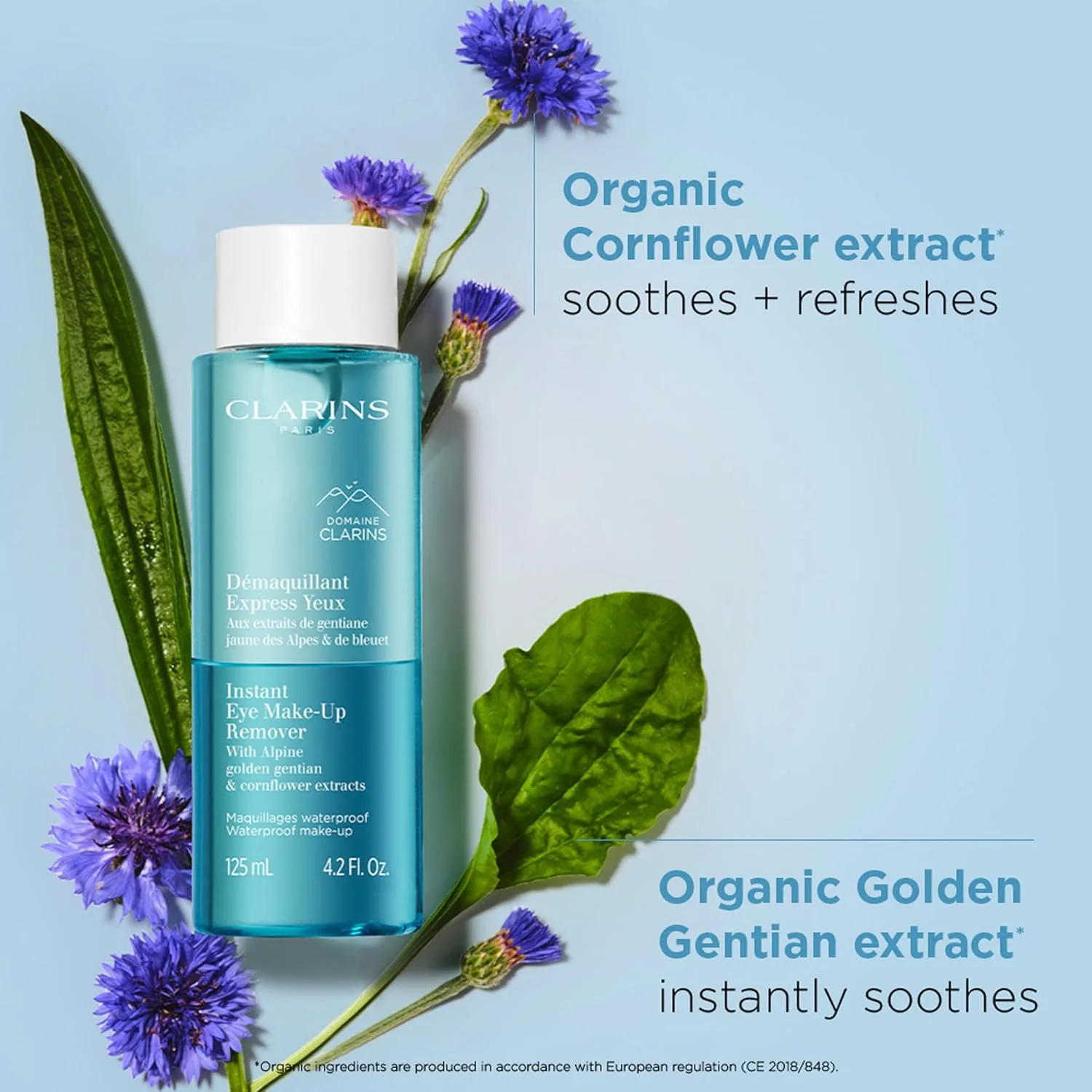Clarins Instant Eye Make-Up Remover, двухфазное средство для стойкого и водостойкого макияжа глаз, очищает, смягчает, увлажняет, ухаживает за ресницами, протестировано офтальмологами, для всех типов кожи, 125 мл 124 мл (2 шт.) — фото 2