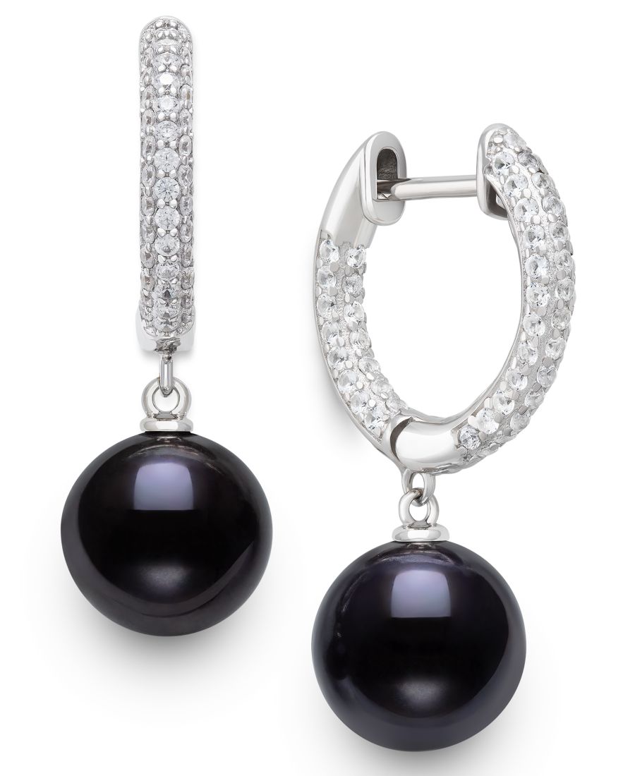 

Серьги-подвески из культивированного пресноводного черного жемчуга павлин (10-11 мм) и искусственного сапфира в оправе из стерлингового серебра Belle de Mer, Black