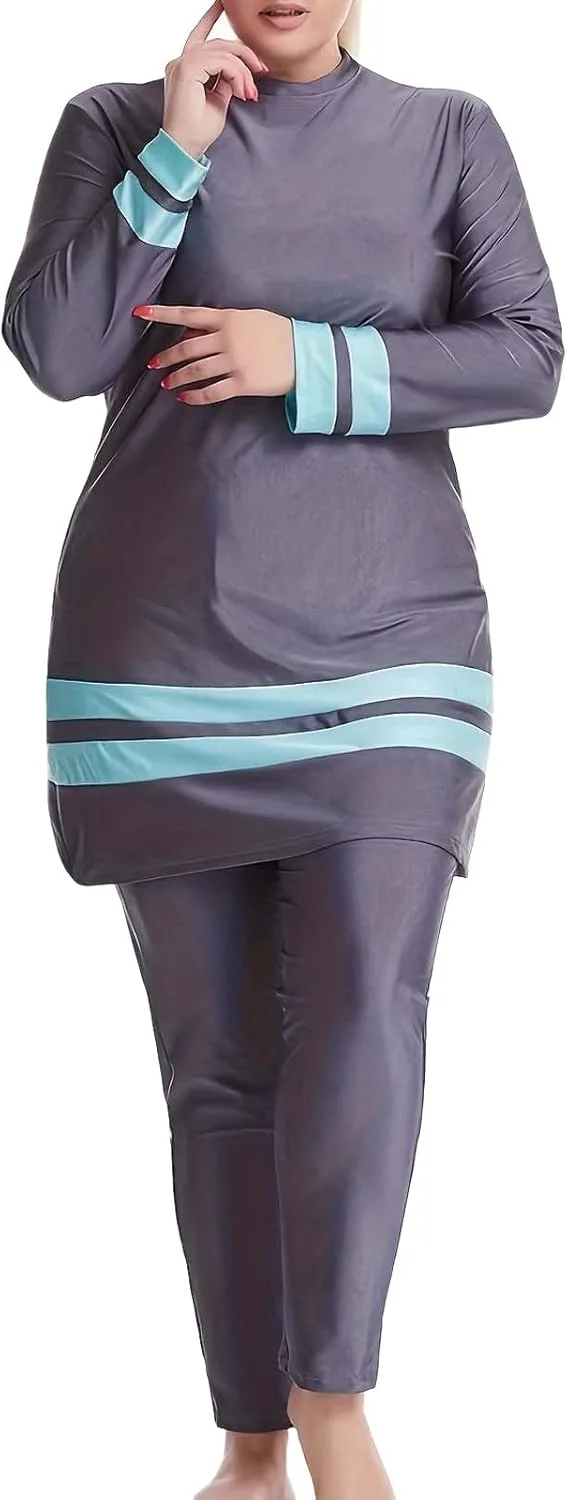 Generic Мусульманский женский купальник оверсайз, консервативный купальник буркини, купальник больших размеров с длинными рукавами и штанами для плавания, купальник-тройка. — фото 2