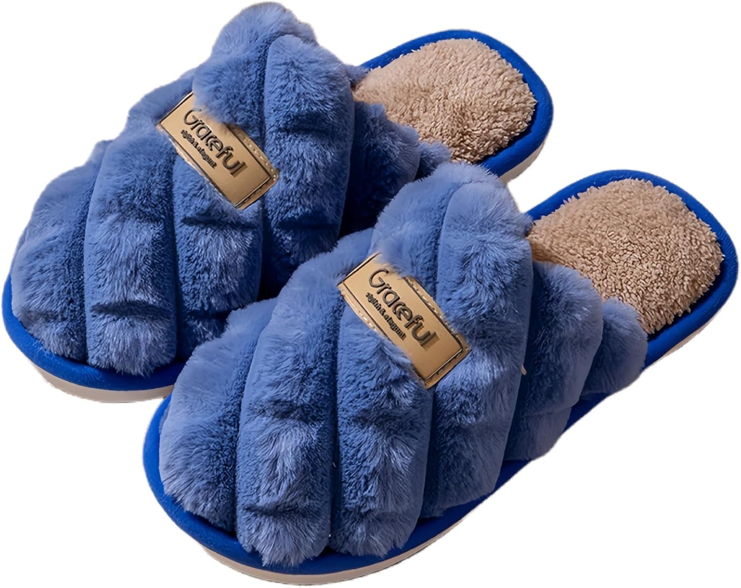 

Удобные мягкие плюшевые тапочки для женщин и мужчин с нескользящей подошвой и перекрестным ремешком для дома и повседневного ношения круглый год Jaewomo, синий