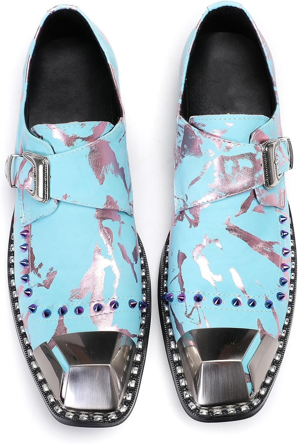 Мужские лоферы Santimon Mens Loafers для вечеринки, повседневные слипоны, кожаные лоферы с металлической квадратной пряжкой, обувь для свадьбы, вечеринки в западном стиле, модные туфли на выпускной с яркими бусинами для мужчин, голубой — фото 4