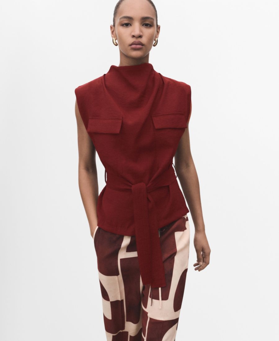 

Женская блузка с драпированным вырезом и поясом MANGO, Medium Red