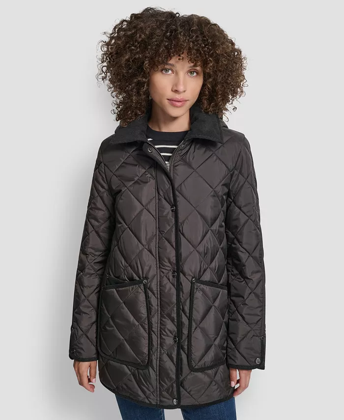 

Женское стеганое пальто с вельветовым воротником и капюшоном DKNY, коричневый