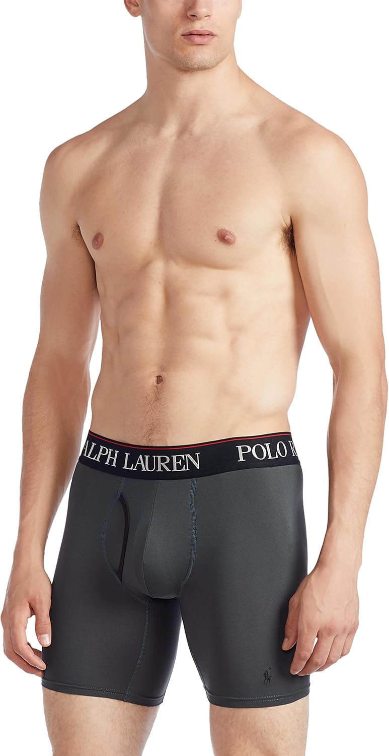 Мужские боксеры-трусы POLO RALPH LAUREN 4D Flex Cooling из микрофибры, длинные и плавки, 3 пары, Grey/Black Red/Black - 3 Pack — фото 2
